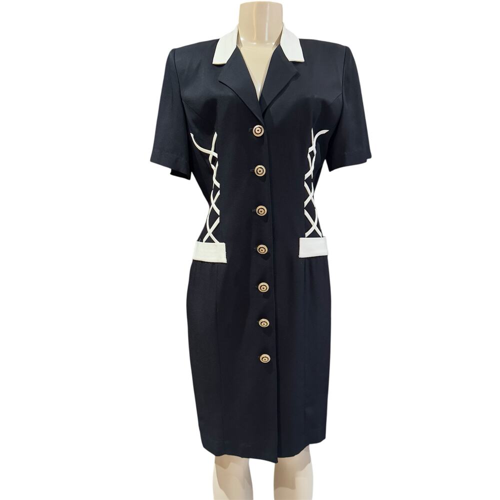 Vintage Danny & Nicole New York Black and White Button Down Dress Career Preppy